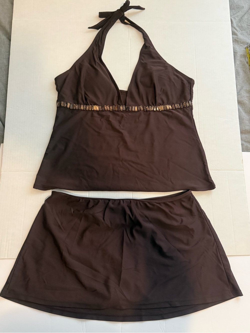 ALOHAS Brown Halter Tankini with Beaded Trim and Skirted Bottom BOHO